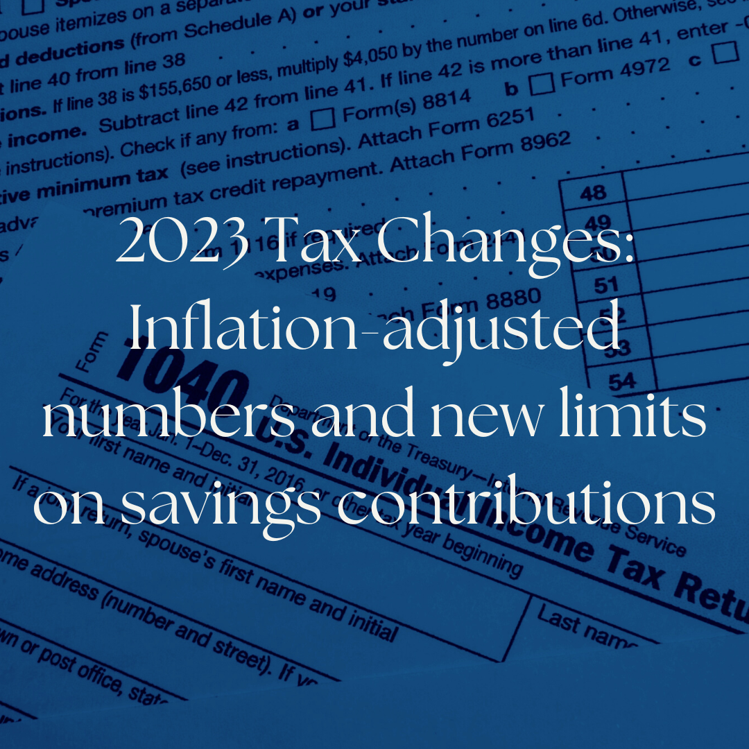 IRS tax forms with text on top that reads 2023 Tax Changes: Inflation-adjusted numbers and new limits on savings contributions